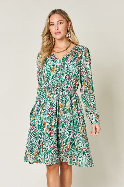 Full Size Printed Drawstring Waist Long Sleeve Dress