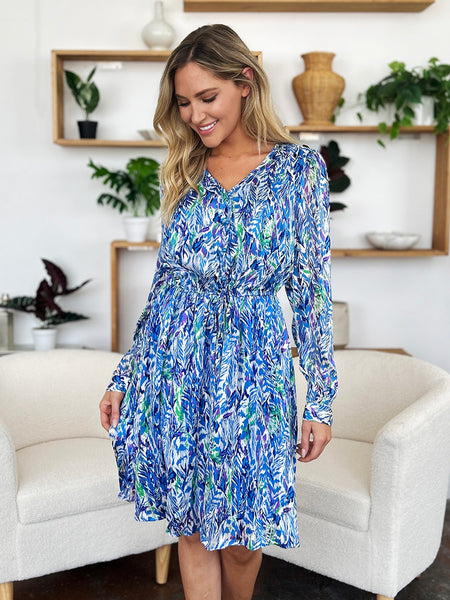 Full Size Printed Drawstring Waist Long Sleeve Dress