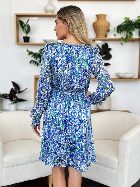 Full Size Printed Drawstring Waist Long Sleeve Dress