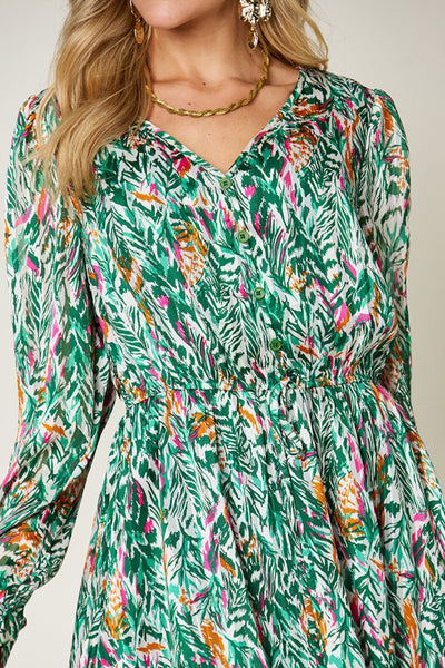 Full Size Printed Drawstring Waist Long Sleeve Dress