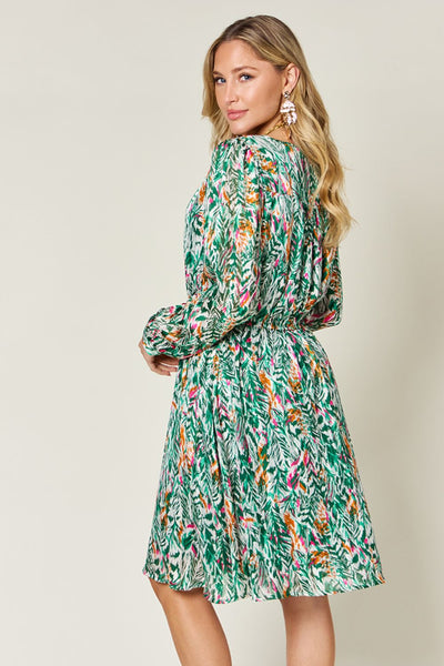 Full Size Printed Drawstring Waist Long Sleeve Dress