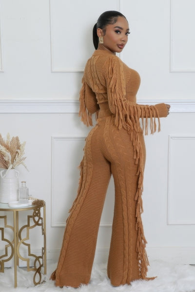 Fringe-Trimmed Knit Stretch Pant Set