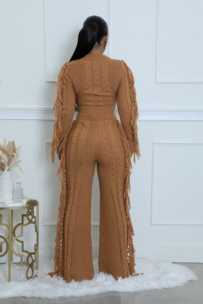 Fringe-Trimmed Knit Stretch Pant Set