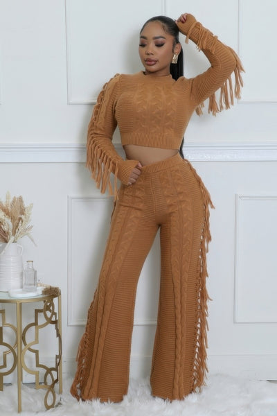 Fringe-Trimmed Knit Stretch Pant Set