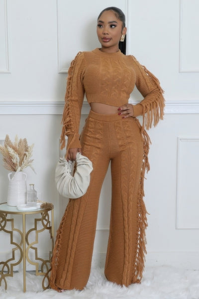 Fringe-Trimmed Knit Stretch Pant Set