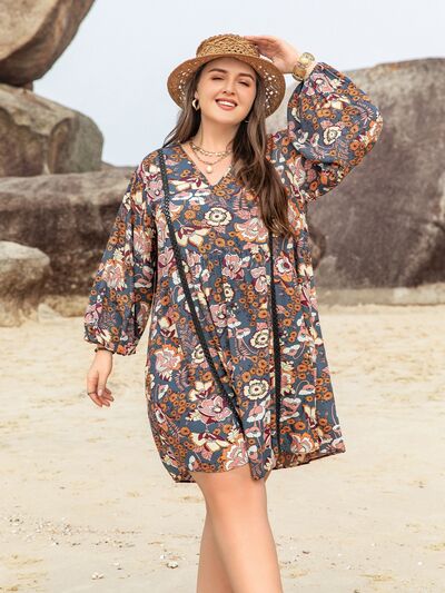 Printed V-Neck Balloon Sleeve Mini Dress