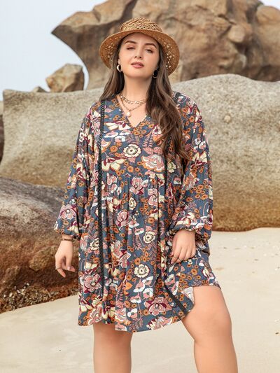 Printed V-Neck Balloon Sleeve Mini Dress