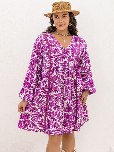 Printed V-Neck Balloon Sleeve Mini Dress