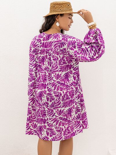 Printed V-Neck Balloon Sleeve Mini Dress