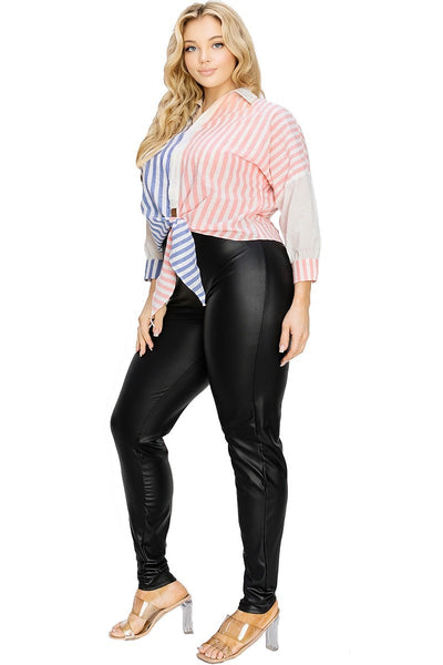 Pink & Blue Striped Botton Down Tie Waist Top