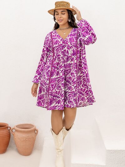Printed V-Neck Balloon Sleeve Mini Dress