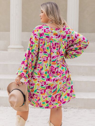 Printed V-Neck Balloon Sleeve Mini Dress