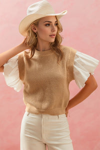 Ruffled Round Neck Short Sleeve Sweater