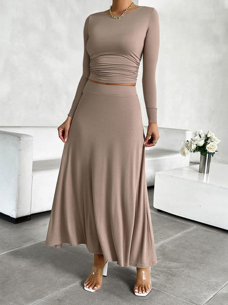 Round Neck Long Sleeve Top and Skirt Set