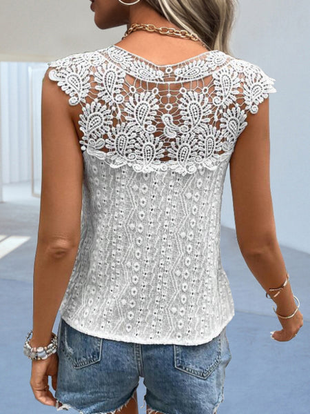 Cutout Lace Detail Notched Blouse