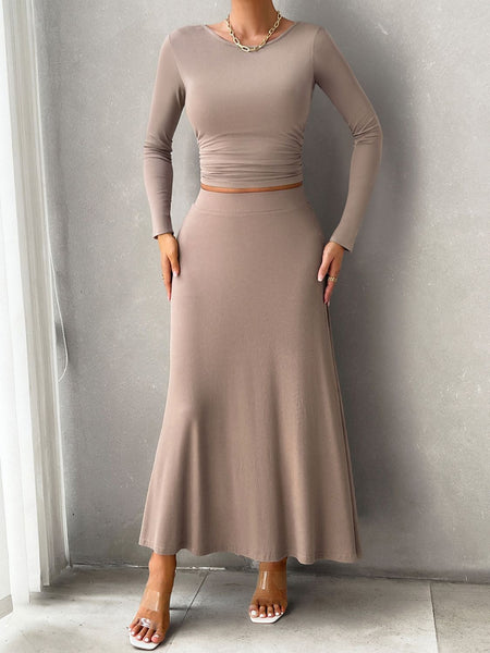 Round Neck Long Sleeve Top and Skirt Set