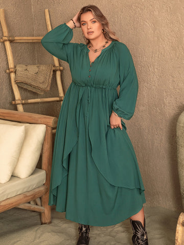 Plus Size Notched Layered Balloon Sleeve Midi Dress