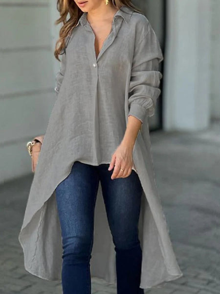 High-Low Collared Neck Long Sleeve Shirt