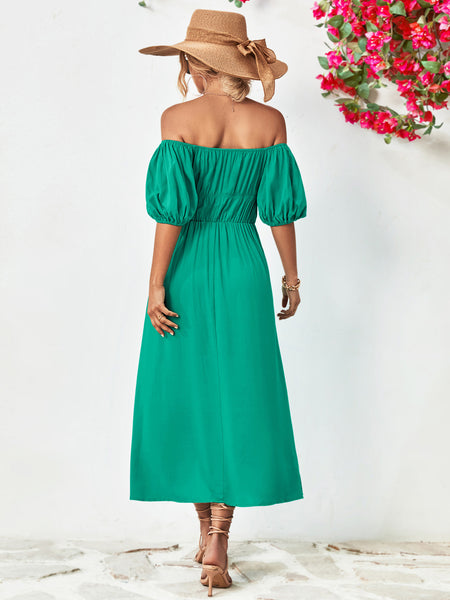 Off-Shoulder Balloon Sleeve Midi Dress