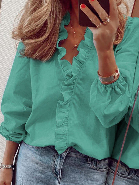 Ruffled V-Neck Long Sleeve Blouse