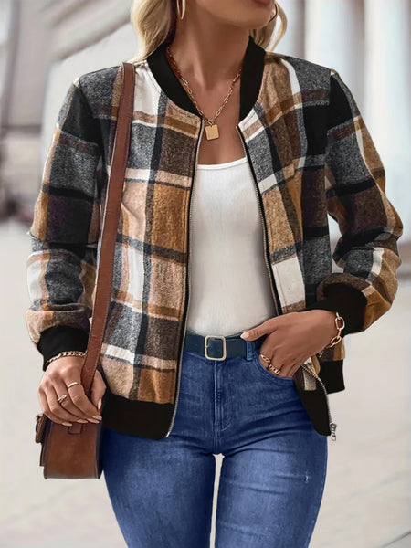 Plaid Baseball Collar Zip Up Jacket