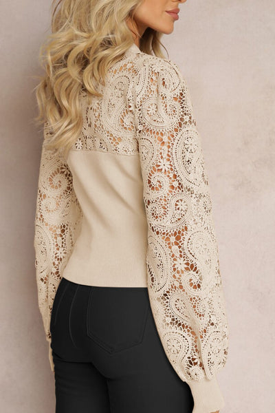 Lace Patchwork Round Neck Long Sleeve Blouse