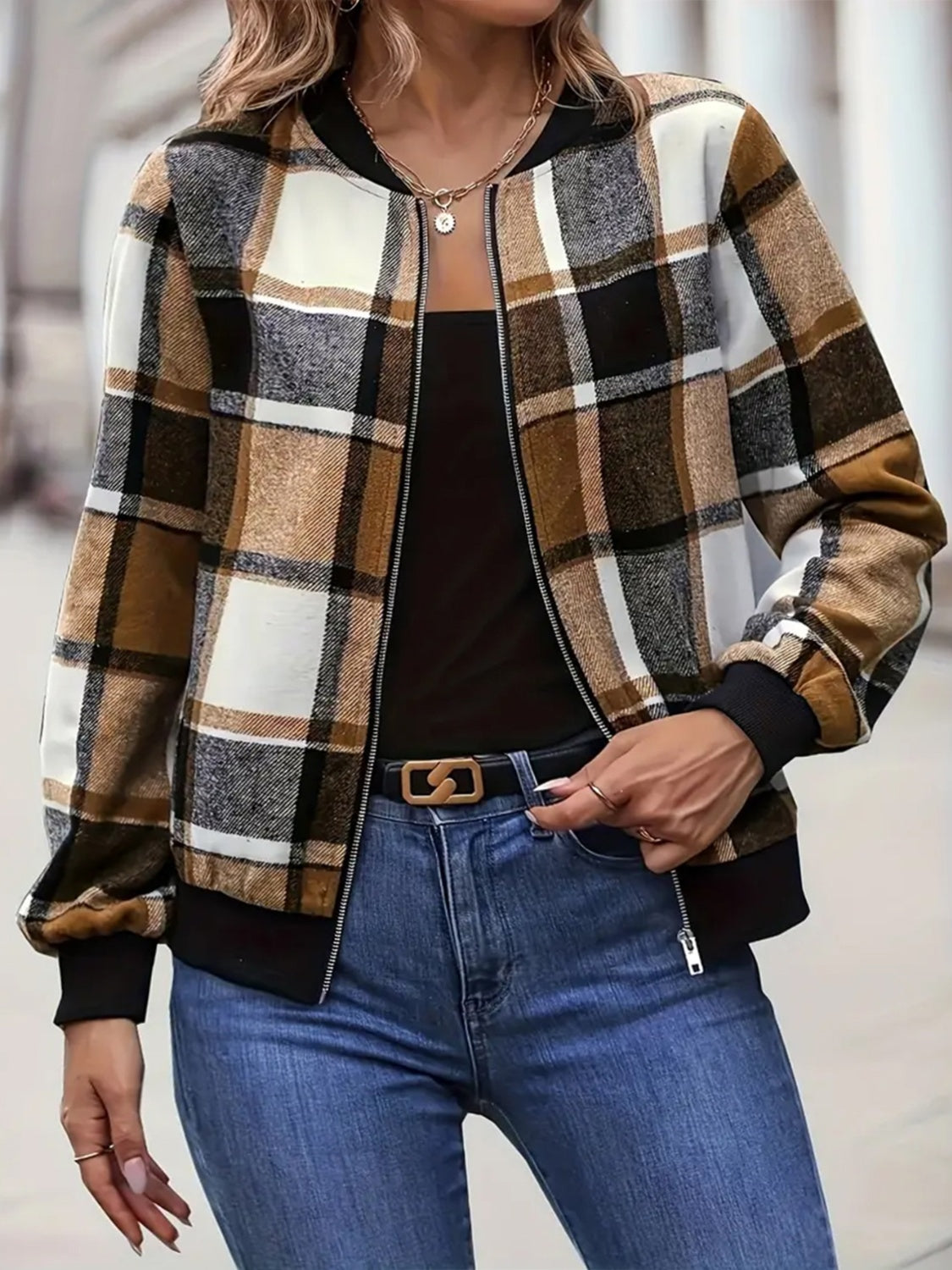 Plaid Baseball Collar Zip Up Jacket