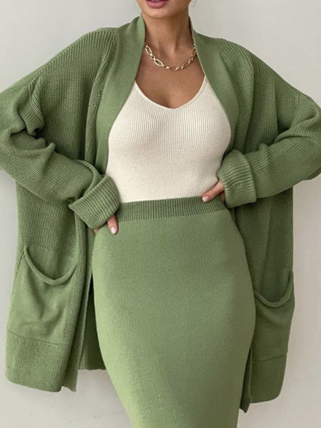 Pocketed Long Sleeve Cardigan and Skirt Sweater Set