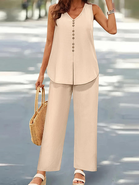 Decorative Button V-Neck Top and Pants Set