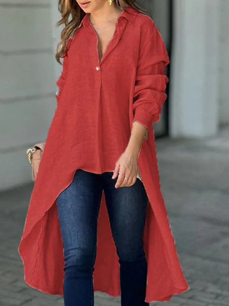 High-Low Collared Neck Long Sleeve Shirt