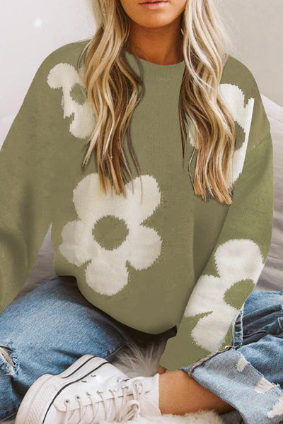 Floral Pattern Color Contrast  Design Long Sleeve Sweater