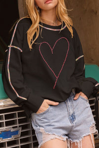 Rhinestone Heart Round Neck Long Sleeve Sweatshirt