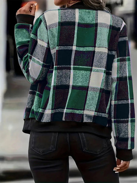 Plaid Baseball Collar Zip Up Jacket