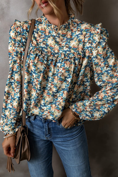 Frill Printed Mock Neck Long Sleeve Blouse