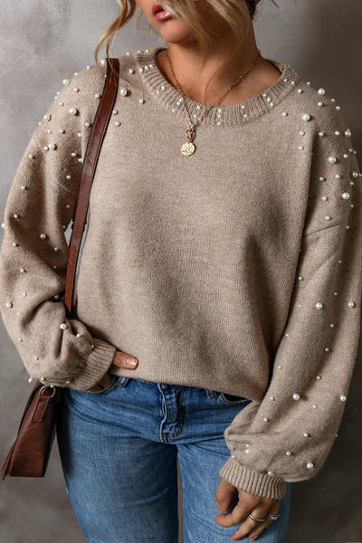 Pearl Detail Round Neck Long Sleeve Sweater