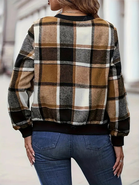 Plaid Baseball Collar Zip Up Jacket