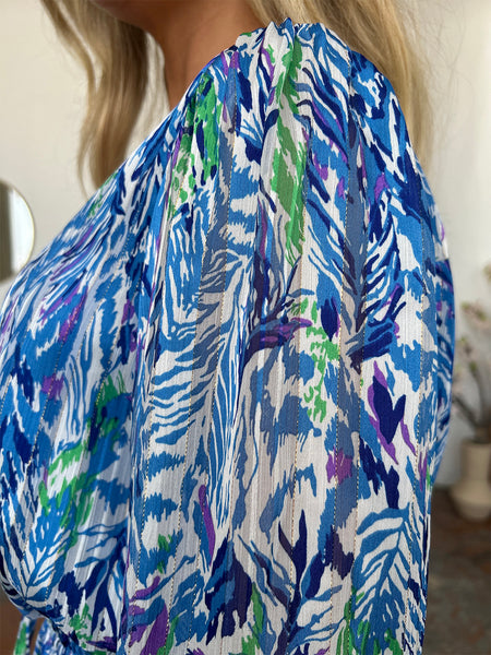 Full Size Printed Drawstring Waist Long Sleeve Dress