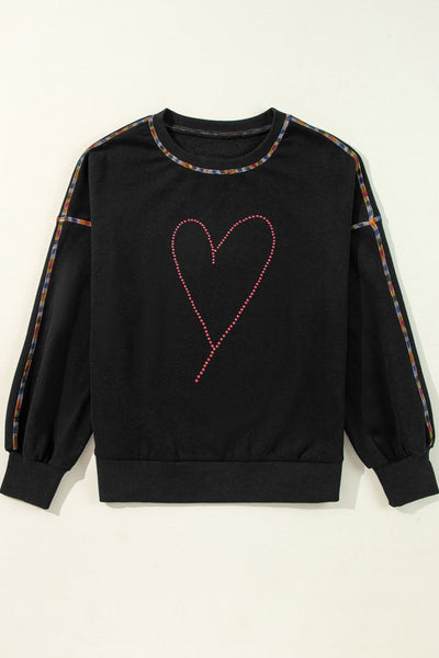 Rhinestone Heart Round Neck Long Sleeve Sweatshirt