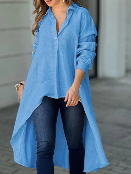 High-Low Collared Neck Long Sleeve Shirt