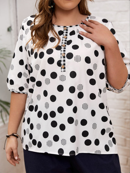 Polka Dot Round Neck Half Sleeve Blouse