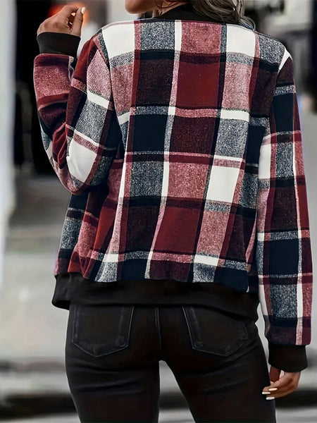 Plaid Baseball Collar Zip Up Jacket