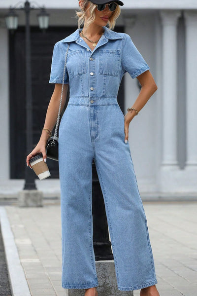 Short Sleeve Wide Leg Denim Jumpsuit