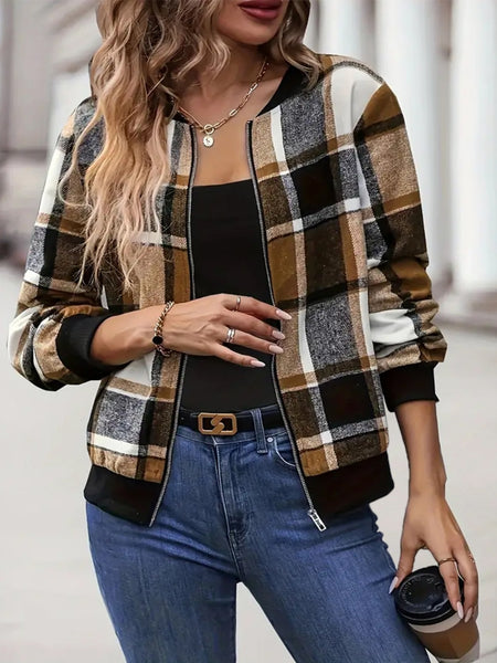 Plaid Baseball Collar Zip Up Jacket