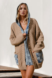 Hooded Denim Spliced Sweater Cardigan