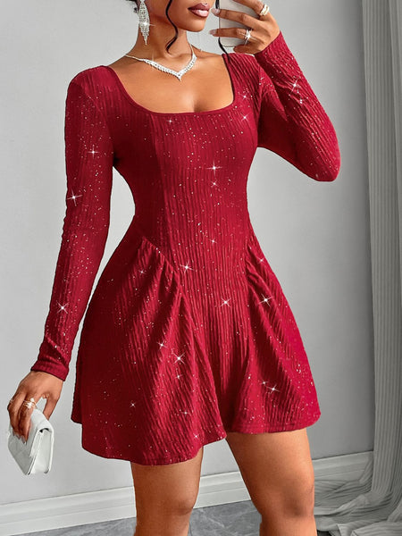 Backless Glitter Square Neck Long Sleeve Mini Dress