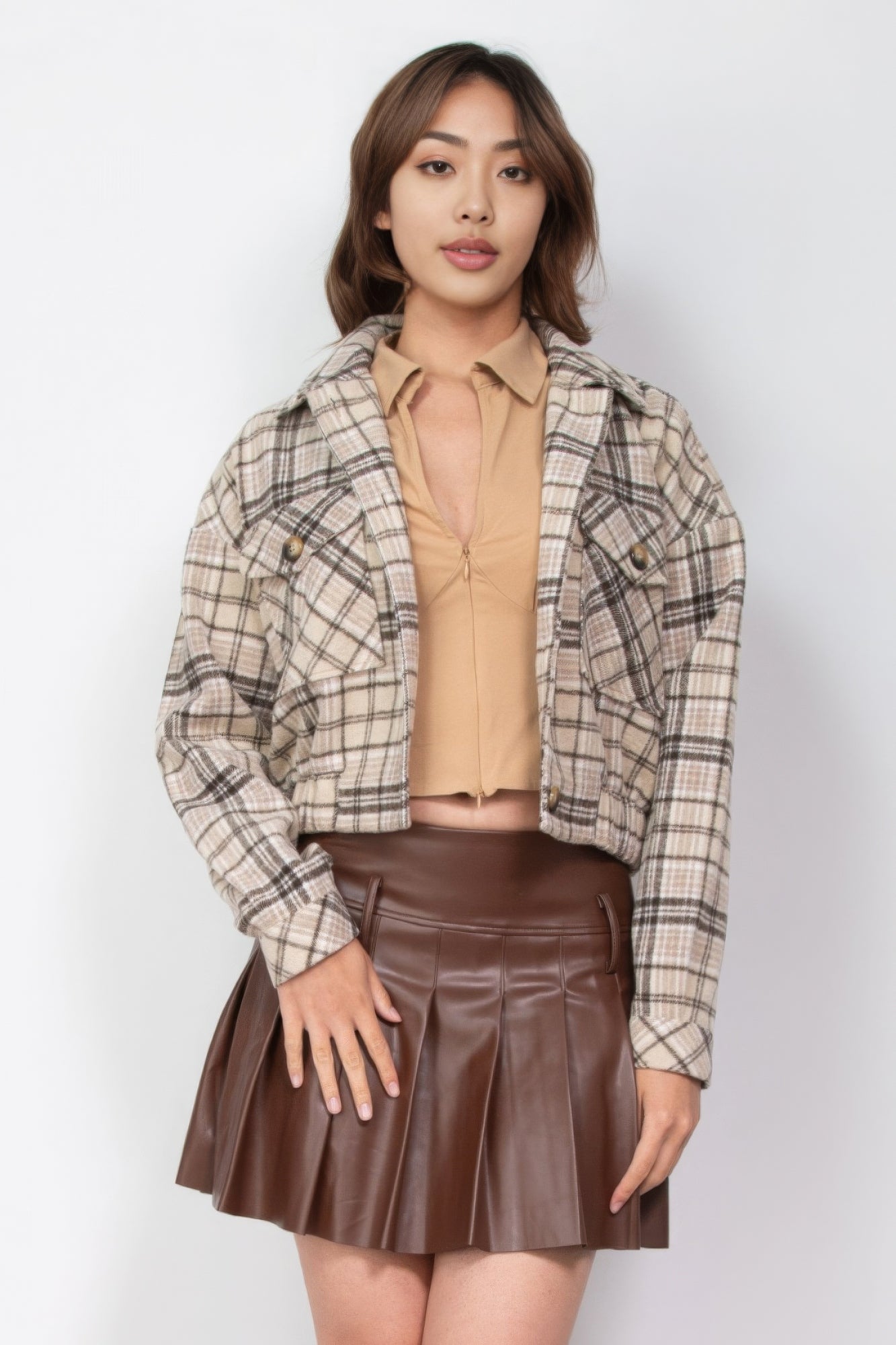 Plaid Button-down Crop Jacket