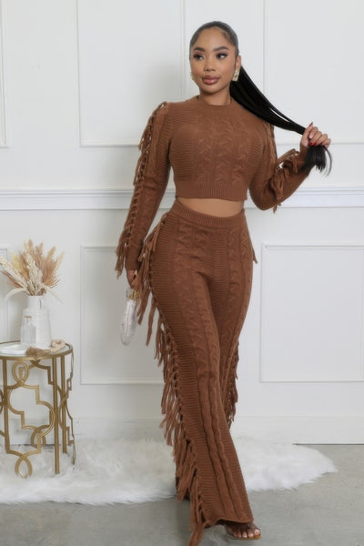 Fringe-Trimmed Knit Stretch Pant Set