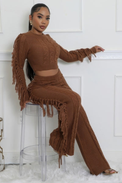 Fringe-Trimmed Knit Stretch Pant Set