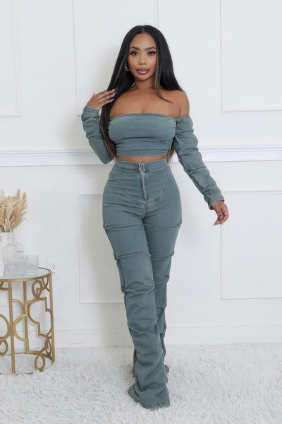 Denim Off The Shoulder Stretch Pant Set