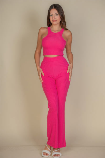 Ribbed Cropped Top And Bootcut Pants Sets